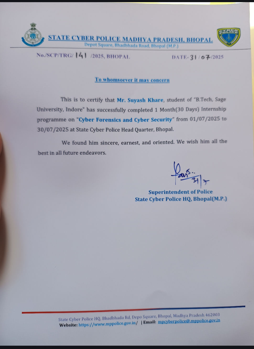 State Cyber Cell Internship Certificate