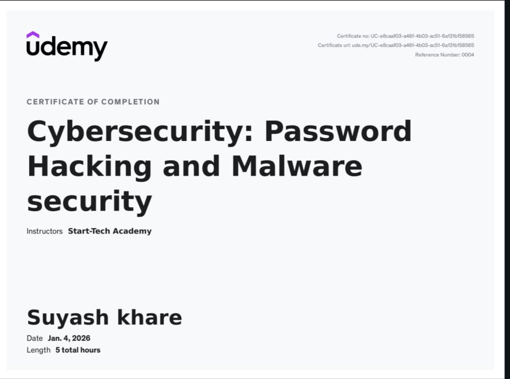 Udemy Cybersecurity: password hacking and malware security