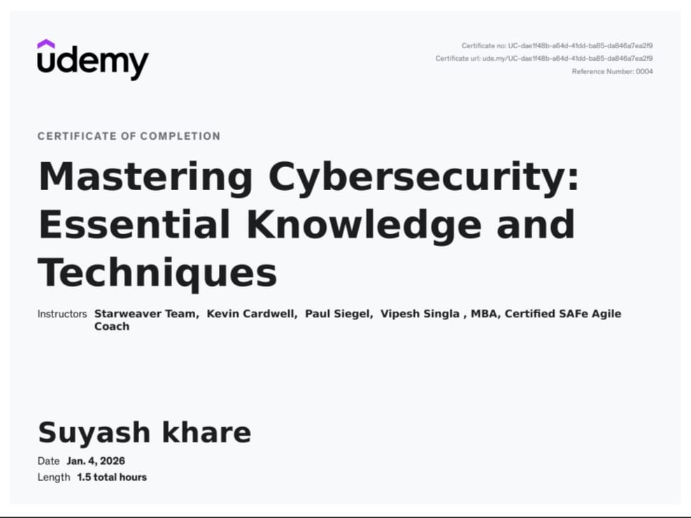 Udemy Mastering Cybersecurity: Essential Knowledge and Techniques